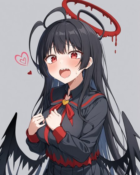 tsurugi \(blue archive\),1girl, halo, solo, blush, sweat, tongue_out, skirt, looking_at_viewer, heart, sharp_teeth, breasts, simple_background, open_mouth, trembling, grey_background, black_serafuku, blood, black_wings, long_sleeves
<lora:tsurugi_(blue_archive)_image724_2023-11-28:1>halo. gorgeous,key visual, vibrant, studio anime,award-winning, professional, highly detailed,high budget, cinemascope