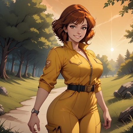 score_9, score_8, BREAK, April O’ Neil, beautiful red head girl, large breasts, broad hips, strong legs, tight waist, hourglass figure, chin-length auburn hair, athletic build, dark brown eyes, yellow jumpsuit, big cleavage, white belt, a watch, white boots, sexy pose, self portrait, smile, outdoors, sunlight, shadows, evening lighting, natural lighting, forest, trees, grass, orange sky, sunset