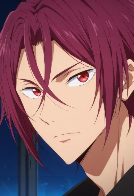 masterpiece, best quality, , anime screencap, anime coloring, official style, looking at viewer, 1boy, solo, male focus, <lora:rin_matsuoka_ilxl:0.96>, rin_matsuoka, red hair, red eyes, hair between eyes, ,