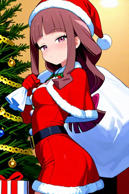 masterpiece, High quality, Ultra detailed, 2d, newest, absurdres, highres, BREAK
1girl, solo, <lora:tsukiyono_ruli:0.8>, ruli_tsukiyono,  long hair, low-tied long hair, blunt bangs, brown hair, purple eyes, 
medium breasts, ruliNd, santa costume, santa hat, christmas, sack, merry christmas, gift, fur-trimmed headwear, holding sack, santa dress, fur-trimmed dress, christmas tree, christmas tree, fur trim, red capelet, gift box, red gloves, fur-trimmed capelet, santa gloves, red hat, hat, narrowed eyes,