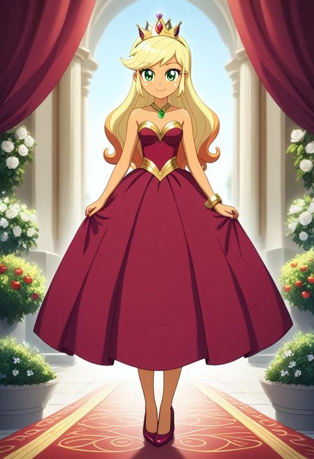 score_9, score_8_up, score_7_up, score_6_up, source_cartoon, rating_safe, My Little Pony Equestria Girls, very young little human girl Applejack wearing a fit green|brown|darkpurple|wine|red gradients colors short princess dress, elegant detailed princess shoes, solo, 1girl, little princess girl, gradient golden blond hair with crown hairband, smile, childhood, looking at viewer, glow detailed eyes, garden of canterlot, tul, chiffon, laces, semi realistic cartoon, unreal engine 5,  full body close-up, absurdres, digital art, soft light, perfect hands, perfect, hands, perfection, soft orange skin, green eyes, apples accesories and shoes, jewelery, tres chic,<lora:age_slider_v4:-4>,