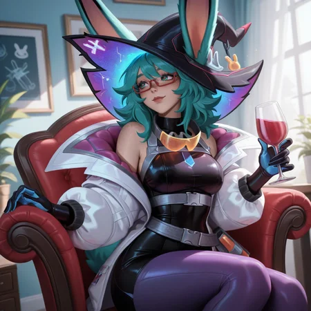 masterpiece, best quality, newest, absurdres, highres, battlebunnyaurora, 1girl, white jacket, open jacket, rabbit tail, witch hat, medium hair, rabbit ears, freckles, red framed eyewear, green hair, green eyes, off shoulder, multicolored gloves, purple pantyhose, belt, black dress, collar, solo, sitting, chair, indoors, holding cup, looking to the side, light smile  <lora:BattleBunnyAurora:1>