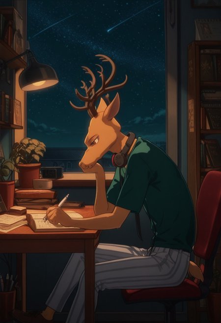 masterpiece, best quality, BREAK, 
LouisBeastars, broad shoulders, mature male, reddish brown eyes, athletic build, slim build, deer, buck, antlers, brown body, animal ears,
blue polo shirt, grey striped pants, brown shoes, 
sitting, side view, desk, chair, book, bookshelf, head rest, headphones around neck, holding, holding pen, lamp, night, open book, pen, plant, potted plant, sky, star (sky), starry sky, window, windowsill, writing, <lora:LofiGirl_Style_IXL:1.0>,