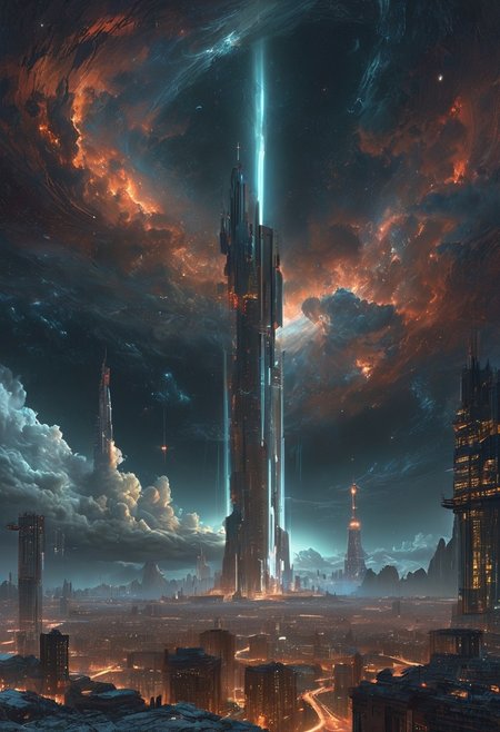 A captivating night scene illustration featuring a high tech and futuristic grand space elevator rising  from a great futuristic city on a great mountain. The space elevator rises all the way to outer space. The full moon graces the sky, casting an ethereal glow on the clouds and elevator and the city, while wispy clouds partially obscure its brilliance, adding to the scene's mystique. Twinkling stars dot the sky, creating a celestial tapestry that harmonizes with the moon's radiance. This enchanting artwork captures a serene and peaceful night, where the space elevator  stands resolute amidst the celestial beauty, creating a cinematic experience., illustration, cinematic
<lora:DonM3t3rn1tyXL-v1.1:0.7>, DonM3t3rn1tyXL,
OverallDetailXL  <lora:MJ52:0.3>  <lora:SDXLFaeTastic2400:0.4>  <lora:EpicF4nta5yXL:0.7>