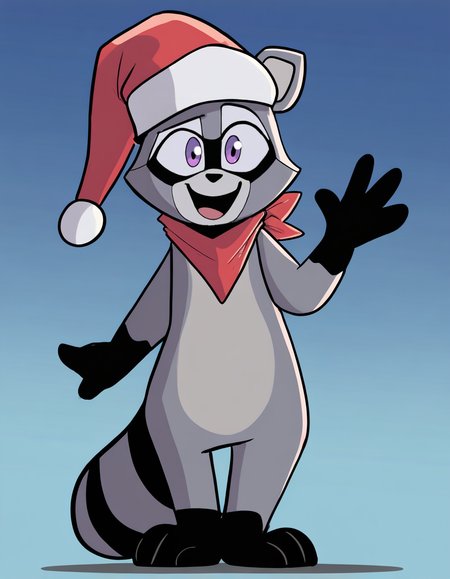 masterpiece, best quality, absurdres, highres, solo, prngs, thick outline, outline, 
male, rambley, raccoon, gray body, black feet, black hands, purple eyes, 
santa hat, engineer hat, red bandana, 
looking at viewer, waving, open smile, happy, short height, 
gradient background, blue background 
 <lora:Rambley:1>   <lora:PringusMcDingus-Illustrious:1>