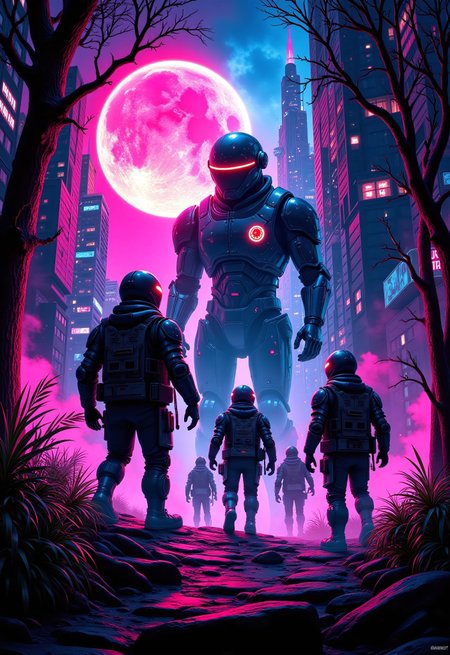 aidmaimageupgrader, a high quality digital image of Synthwave Disco Androids Battle at the Edge of Time