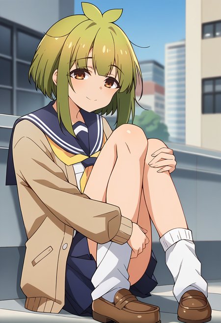 score_9, score_8_up, score_7_up, source_anime, masterpiece, 1girl, ct_bashame, brown cardigan, puffy sleeves, serafuku, blue sailor collar, yellow neckerchief, blue miniskirt, leg warmers, outdoors, city, depth of field, looking at viewer, portrait, hand up, shiny skin, loafers, sitting, knee up, hugging own legs,  <lora:Bashame_Meme_pony_ct_ver2:1>