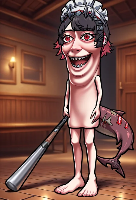 masterpiece, high quality, best quality, 1girl, ttsahur, ellen joe, mole under eye, shark tail, fins, ear piercing, short hair, colored inner hair, black hair, red hair, x hair ornament, maid headdress, red eyes, wooden floor, indoors, tile floor, blurry background, barefoot, full body, standing, holding weapon, baseball bat, holding baseball bat, looking at viewer, open mouth, crazy smile, <lora:tung_tung_tung_sahur-000010:1>,  <lora:zzz_ellenjoe_illustriousXL:1>