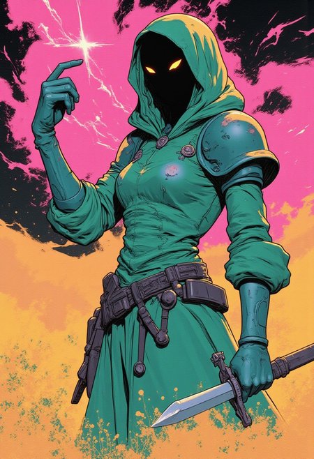 Action Pose Upper Body Shot, sftsrv style illustration, Yellow Green pink Neon Pop-Art, simplified, action Scene, bold lines, a Closeup Portrait of an eerie inspired hkmecha intricate designed knightess helmet, very detailed outworn helmet, shaded eyes, eye-trails, 
Vibrant Colorful Realistic analog photo, very detailed, hyper detailed, photorealistic, hyperdetailed, uhd, 4k, extreme closeup Face Portrait, extreme face closeup, head focus, Realistic analog photo, awesome, high Quality, photorealistic, atmospheric lighting, volumetric lighting, cinematic, Epic Film Quality, A buxom witch stands in the midst of a ferocious DARK sandstorm amidst a Desert night, her tattered robe barely clinging to her body, revealing glimpses of her sweat-slicked skin. With one hand raised, she conjures a colossal, ancient vibrant black negativ luminous light spell from the swirling dust, its ethereal ghostly form towering above, terrifying and awe-inspiring. The hkmagic witch’s face is shrouded in the shadows of her hood, adding an air of dark mystery. The colorful Flower meadow landscape around her is cloaked in a dusty, dystopian atmosphere, with the sun obscured by the storm. The only light breaking through the chaos is the glowing DARK turquoise and pink aura of her powerful spell, casting an eerie illumination over the scene.