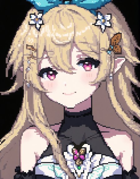 (Pixel art:1.2), 1girl, <lora:Pomu_Rainpuff_SDXL:0.8>. pomu rainpuff. blonde. gloves. heart hands. black gloves. heart. elbow gloves. upper body. looking at viewer. blush. halterneck. white hair flower. bare shoulders. butterfly hair ornament. hair behind ear. collarbone, black background, seductive smile
