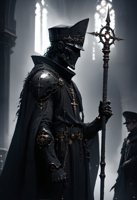 (score_9, score_8_up), score_7_up, 1boy, 2others, church, Highly detailed RAW color Photo, holding staff, holding, cowboy shot, black hair, gloves, hat, hood, cape, from side, profile, makeup, chain, pale skin, robe, pillar,
shoulder armor, gauntlets, pauldrons, mask, dark, full armor, all black armor, black cloak, occult, dark theme, black theme, jewelry, dark, elegant, royal, headpiece, robot, mechanical arm, sci fi, cyborg, robotic circuits, glowing fiber optic cables,
glistening, glowing, dark lighting, dof, depth of field, realistic, dark background, light partials, CINE, fire embers, low-key,