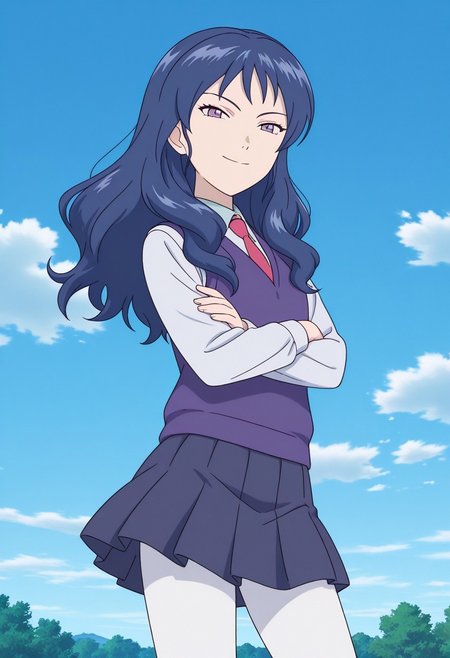 masterpiece, best quality, source_anime,official art,perfect_anatomy,menori,1girl,purple eyes,long hair,blue hair,school uniform,necktie,
sweater,vest,skirt,white_pantyhose,looking_at_viewer,smile,cowboy shot,crossed arms,day,blue_sky,cloud