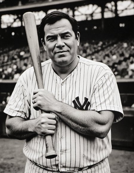 A black and white photograph of Babe Ruth, the legendary baseball player, standing at home plate in Yankees stadium, captured in a medium shot that emphasizes his inviting expression and relaxed stance. He has a medium build, with a rounded face, prominent nose, and a distinctive hairstyle, and his skin has a warm, gentle texture with visible pores. Ruth is dressed in his classic Yankees uniform, with the iconic pinstripes and a relaxed fit, and he wears a baseball glove on his left hand, while casually holding a baseball bat in his right, the wood grain visible in the available light. His facial expression is one of calm confidence, with a slight smile and a glint in his eye, as he gazes directly at the camera. The lighting is natural, with the available light of the stadium casting a soft glow on Ruth's face, and creating a sense of depth and dimensionality. The background is a blurred mixture of the stadium's seats and the playing field, with the occasional spectator or player visible in the distance. The image features a grainy texture, reminiscent of vintage photography, and is printed on matte paper, which adds to the overall sense of nostalgia and timelessness. The shot is a medium shot, framing Ruth from the waist up, and emphasizing his facial expression and body language, with a shallow depth of field that blurs the background and draws attention to the subject. The overall mood is one of relaxed intensity, capturing the essence of Ruth's personality and charisma. The image is rendered in a photorealistic style, with a focus on capturing the subtleties of Ruth's expression and the textures of his uniform and the baseball bat. <lora:ssf-black-white-contrast:1> <lora:Flux_Detailer_v3:0.6>