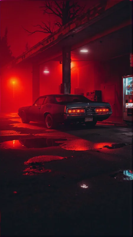 Remote gas station swallowed by crimson fog, blood-red glow from overhead lights staining the asphalt, old muscle car idling with taillights cutting through the mist, vending machine humming beside cracked fuel pumps, oily puddles reflecting distorted neon, shadows stretching unnaturally long, skeletal trees barely visible in the background â wide-angle cinematic shot, deep red monochromatic palette with faint charcoal accents, backlighting and heavy atmosphere, surreal and ominous mood
<lora:FluxDFaeTasticDetails:1>âââ