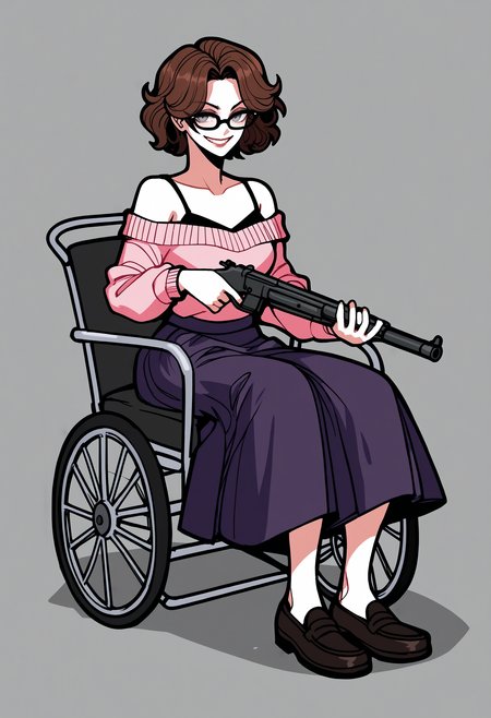 score_9, score_8_up, score_7_up, score_6_up, score_5_up, score_4_up,
BREAK
1girl, olivia funger, brown hair, short hair, black-framed eyewear, grey eyes, wavy hair, evil smile,
BREAK
sitting, wheelchair, holding shotgun, black camisole, pink sweater, sweater under shirt, purple skirt, long skirt, black loafers,
BREAK
black background, dynamic pose, dark, <lora:Lunas-2n5-Artist-SDXL-A1:1> <lora:Lunas-Olivia-Funger-SDXL-A1:1>