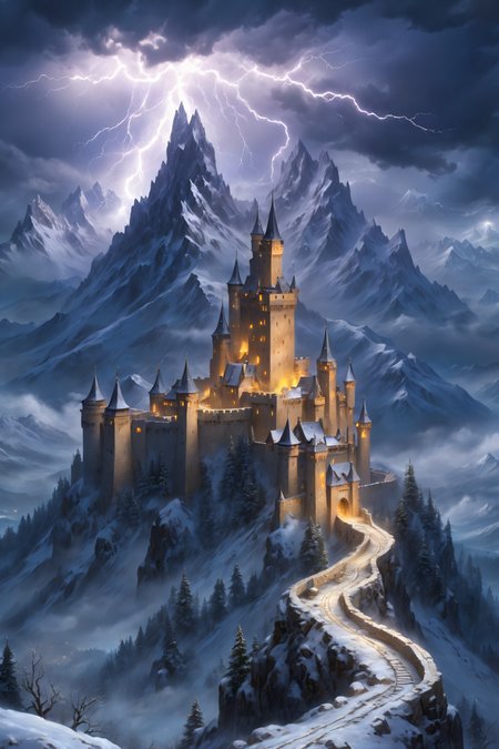 high mountain, castle, towers, snow storm, night, lightning, clouds <lora:surrealityLoraVersion_1:1>, (masterpiece:1.2), best quality, (hyperdetailed, highest detailed:1.2), high resolution textures, <lora:EnvyBetterHiresFixXL01:1>