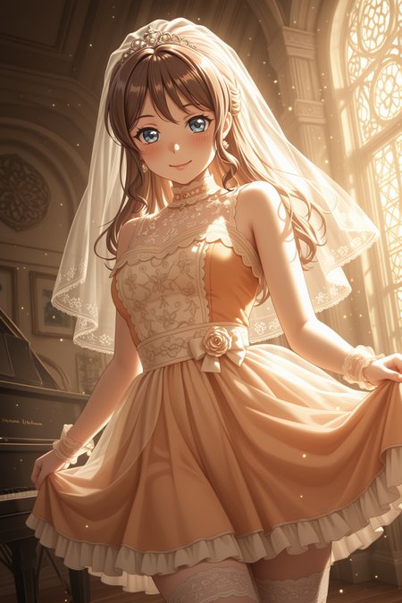 masterpiece, best quality, amazing quality, 1girl, solo, makeup, general, looking at viewer, blush, highres, cowboy shot, smile, indoors, stage, drum, piano, stained glass, sunlight, lens flare, dutch angle, skirt hold, fanfare, <lora:Yamabuki_Saaya_Ban_Dori:1>, Yamabuki_Saaya_Ban_Dori, blue eyes, brown hair, long hair, straight hair, hair ribbon, bow, breasts, sidelocks, bride, wedding dress, orange dress, (bridal veil), jewelry, thighhighs, wedding tiara, wrist cuffs, <lora:wai-2Rectified-V140:1>, <lora:illustrious_noobai_epsilon_pred_1_masterpieces_v1:1>