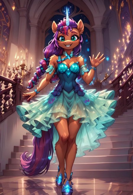 score_9, score_8_up, score_7_up, anthro,
(((Sunny Starscout))), alicorn,
facing viewer, front view, female focus, view from chesthight,
g5, pony, female, mare, tail, dock, solo, 1girl, highly detailed, beautiful, detailed eyes, detailed fur, beautiful eyes, (tall), ((perfect body proportions), (beautiful long legs),
small breasts, show accurate skin colour,
long hair, fluffy hair, biggest hair,
(((walking ((down)) a grand staircase))), (((waving to viewer))), ((happy, excited, smiling at viewer invitingly)),
(((wearing a beautiful, eyecoloured, bioluminescent, shoulderfree ballgown))), glowing ballgown,
BREAK,
highly detailed background, (((nighttime))), night
inside Canterlot castle, ballroom, ((grand staircase)), mirror marble floor, (((dimmed lights in the room))),