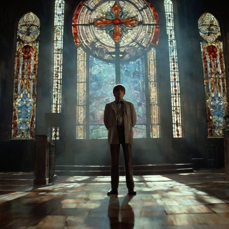Horror-themed,  <lora:Fright Night 1985 Film Style:1>
Cinematic Medium low angle from below Shot, Film Footage captured by Panavision Cameras and Lenses, Jerry Dandrige a man in a white shirt standing in front of a stained glass window, staring with a surprise big eyes look and open mouth at something in front of camera, with perfect dramatic shadow light on,  Fright Night 1985 Film Style, Eerie, unsettling, dark, spooky, suspenseful, grim, highly detailed