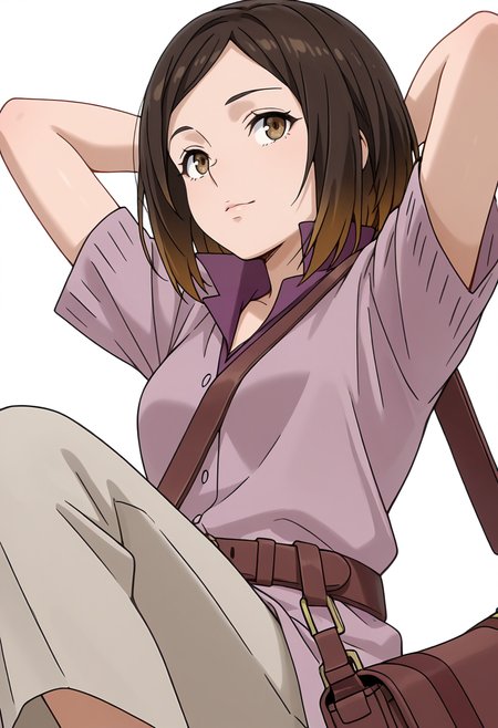 Smooth Quality,masterpiece,very intricate, high quality details, ultra realistic, high detailed skin,detailed enviorement,absurdres,
simple background, white background,solo,
reclining, arms folded behind head, one knee bent, looking up, peaceful mood,  ,from below,lonely,
 <lora:Kirara_Mizutani_cnn:0.8> 1girl, short hair, brown hair, multicolored hair, two-tone hair, brown eyes, at viewer, upper body,shirt, short sleeves, collared shirt, coat, pants, purple shirt,brown belt, shoulder bag,