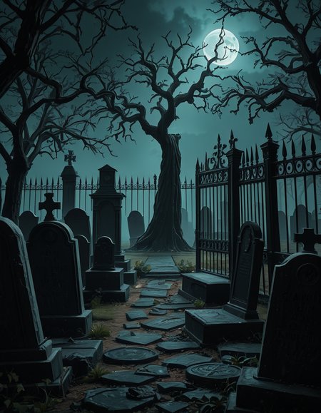 A dark and eerie cemetery shrouded in mist, with ancient, weathered tombstones covered in moss. The scene is dimly lit by a pale, ghostly moonlight filtering through twisted, leafless trees. Cracked stone pathways lead through the graveyard, partially hidden by overgrown grass and creeping ivy. A few old, gothic-style mausoleums stand in the background, their iron gates slightly ajar, adding to the mysterious and haunting atmosphere. Wisps of fog swirl around the gravestones, enhancing the eerie mood. The overall color palette consists of deep blues, grays, and muted greens, creating a cold and unsettling ambiance. The image is highly detailed and photorealistic, capturing the textures of the aged stone, the fogâs movement, and the ominous shadows stretching across the ground. 
<lora:SDXLFaeTastic2400:0.4> <lora:extremely_detailed:0.4> extremely detailed,<lora:33r13_c3m3t3ry-ill:1>,33r13 c3m3t3ry, Masterpiece,best quality,hi res,8k,hi res,8k,award winning,(sharp focus, intricate, highly detailed),