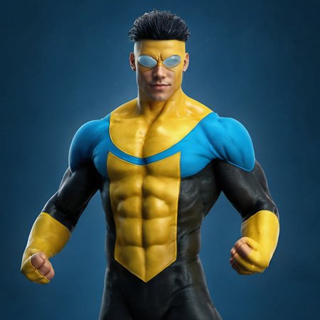 a muscular man, wears a yellow and blue costume , jdetailed face,  highly detailed, photography, ultra sharp, film, bokeh, professional, 4k    <lora:Invincible_V2_-_SDXL:0.8>