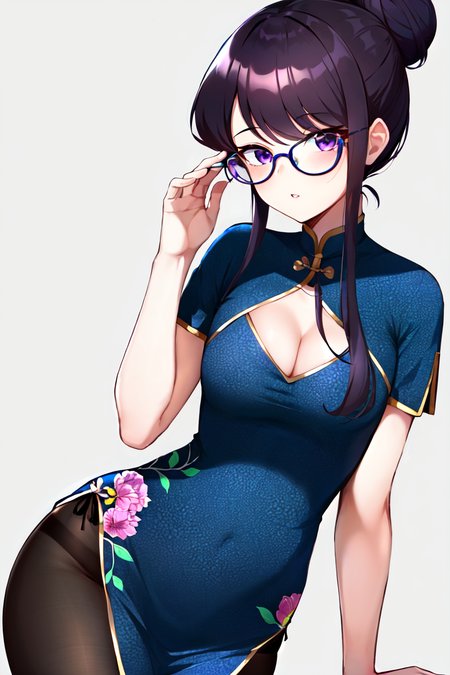 ((komi shouko)), 1girl, adjusting eyewear, alternate costume, bangs, black hair, black pantyhose, blue dress, breasts, china dress, chinese clothes, cleavage, cleavage cutout, clothing cutout, dress, ebi 0217, feather boa, floral print, glasses, grey background, hair bun, highres, komi-san wa komyushou desu, long hair, looking at viewer, medium breasts, pantyhose, parted lips, pelvic curtain, print dress, purple eyes, short sleeves, simple background, solo, swept bangs, twitter username, upper body, yellow-framed eyewear,

<lora:komi_shouko:0.5>