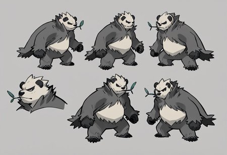 score_9, score_8_up, score_7_up, score_6_up, Pokemon (creature), Pangoro, black and white fur, fur cape, plant in mouth, beefy, sketch, charcoal sketch, character sheet, charcoal sketch, drawing, expressions, white paper