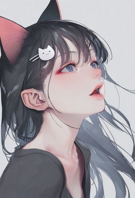 realistic, Sortilege_ST, masterpiece, best quality, very aesthetic, high resolution, ultra-detailed, absurdres, newest, 1girl, masterpiece, upper body, perfect eyes, cat girl, hair ornament, cat pin (hair ornament),