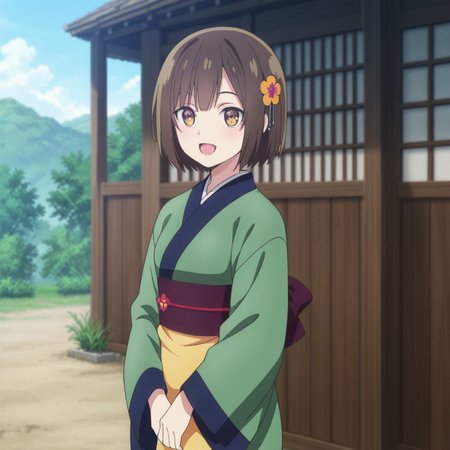 nsfw, masterpiece, best quality, 1girl, solo, seirei_gensouki_ruri, japanese clothes, kimono, green kimono, standing, flower, brown hair, small breasts, open mouth, smile, outdoors, short hair, long sleeves, looking at viewer, brown eyes, hair ornament, bangs, sash, obi, hair flower, :d, day,  <lora:Ruri_-_Seirei_Gensouki:0.7>