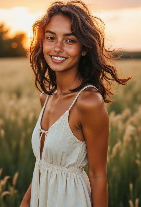 FictionalEsmeralda, tanned skin, shoulder length hair, brown hair, brown eyes, freckles.
Wearing a white sundress while walking through a field of barely. sideview. Smiling softly. Sunset in the background