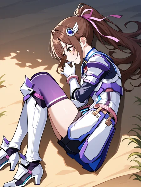 perfect quality,best quality,absolutely eye-catching,ambient occlusion,raytracing BREAK
1girl,<lora:reimi IL v1.2:0.7>,reimi,ponytail,brown hair,brown eyes,hair ornament,pink ribbon,armored dress,long sleeves,white gloves,shorts,purple thighhighs,purple greaves,white high heels,outdoors,, from side, looking away,macro_shot,fetal_position,finger_in_mouth,arm_up,reclining,