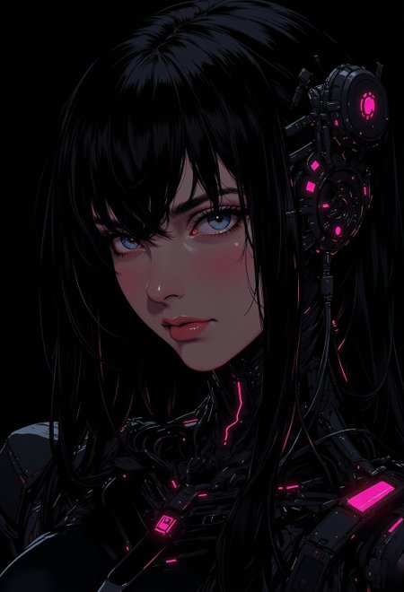 <lora:ck-nc-luminal-genesis:1>, A digital anime artwork in the style of cklg, A stunning close-up portrait of a beautiful woman with long, wavy hair cascading around her face. Subtle mechanical features are integrated into her face and neck, blending seamlessly with her natural beauty. The artwork is rendered in a chiaroscuro style, with extreme contrast between light and shadow, creating a dramatic, moody effect. The background is completely black, with neon pink light illuminating select areas of her face, hair, and mechanical elements, adding a futuristic glow. The contrast of neon pink and black enhances the surreal atmosphere, blending organic beauty with mechanical details for a striking cybernetic aesthetic.
<lora:ck-Sci-Fi-Concepts:0.3>
<lora:flux.1_lora_flyway_Epic-detail_v2:0.6>
<lora:test2:0.7>
<lora:Anime v1.3:0.2>