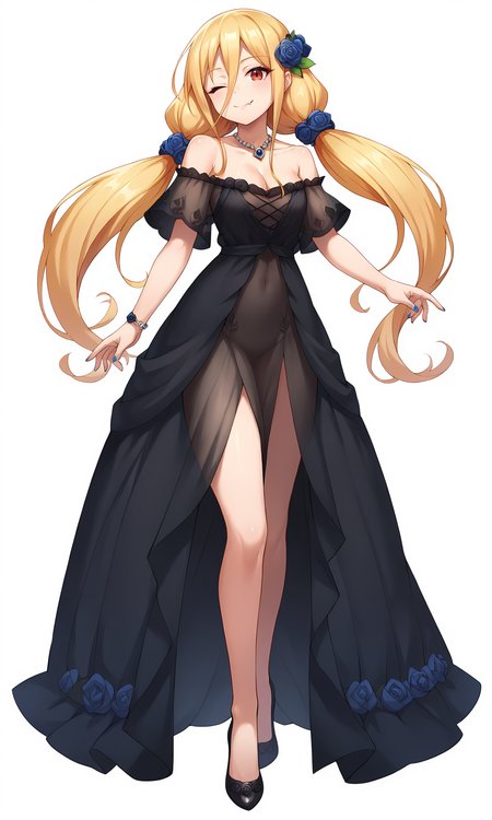 score_9, score_8_up, score_7_up, score_6_up, score_5_up, score_4_up, Evileye, solo, full body, flower, smile, hair flower, white background, hair ornament, black footwear, one eye closed, high heels, simple background, jewelry, blue flower, twintails, standing, floating hair, collarbone, pumps, shiny hair, rose, nail polish, looking at viewer, closed mouth, necklace, ;), blue rose, cleavage, short sleeves, bracelet, fang, low twintails, blue nails, off-shoulder dress, see-through, bare legs, off shoulder, red nails, fang out, makeup, long dress, layered dress, <lora:Evileye_V1(SDXL):0.9> <lora:hand 4:1>, Hand, detailed, perfect, perfection, hands,