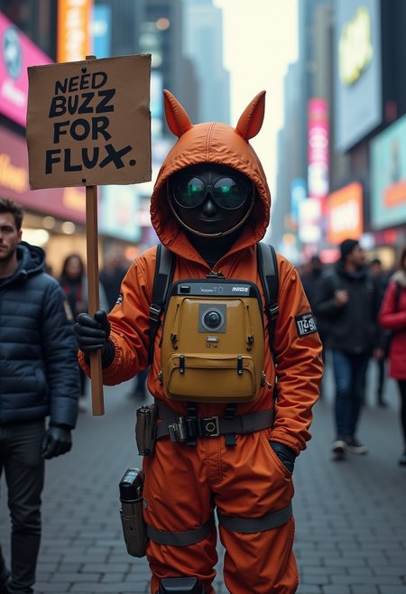 Nerd character begging in a busy futuristic city holding a sign : Need Buzz For FLUX
