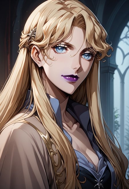 source_anime, (C4STL3V4NI4), ((score_9)),score_8_up,score_7_up,score_6_up,score_5_up,score_4_up,<lora:Castlevania_Style_Pony-v1:0.7>, Castlevania_Style, Castlevania Style, 1woman, brita_(darker_than_black), long_hair, blonde_hair, blue eyes, purple_lips, vampire,