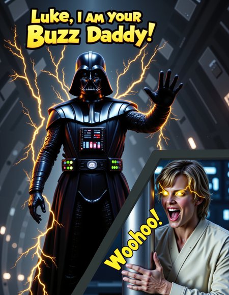 on the left side of image darth vader covered in thin layer of yellow lightning, reaching out towards camera , in vast futuristic dome dark room with many little lights on walls , above him floating yellow text "Luke, I am your Buzz Daddy!" with black outline  , on the right bottom of image face close-up of luke skywalker wearing white-gray uniform , klinging to a wide metal pillar , his eyes emitting yellow lightning , in vast futuristic dome dark room with many little lights on walls , open mouth, smile , above him floating yellow text "Woohoo!" with black outline  , aidmafluxpro1.1, <lora:flux\Textimprover-FLUX-V0.4.safetensors:1.0:1.0> <lora:flux\aidmaFLUXPro1.1-FLUX-v0.3.safetensors:0.7000000000000001:0.7000000000000001>