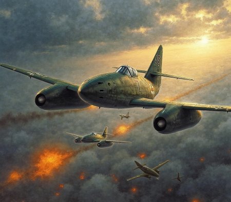 Messerschmitt Me 262 <lora:me-262-flux:2.3> A  dramatic aerial battle featuring a Messerschmitt Me 262 soaring through a stormy sky, illuminated by fiery explosions and golden sunlight breaking through the clouds, painted in the style of Ivan Aivazovsky, with expressive brushstrokes capturing the motion and intensity of the scene.