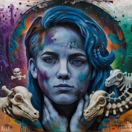 score_9,score_8_up,score_7_up,al_pt, acrylic paint (medium),surreal,colorful, wild, abstract,portrait, animal focus, no human, (by Meghan Howland:1.3) and (Patrice Murciano:1.2) , painting, (purple theme:0.7) , Miserable (Sea Basin PokÃ©mon:1.1) , ð¤ , very drunk, wearing Bone and Lapis Lazuli, at Dusk, soft focus, Rembrandt lighting, pov