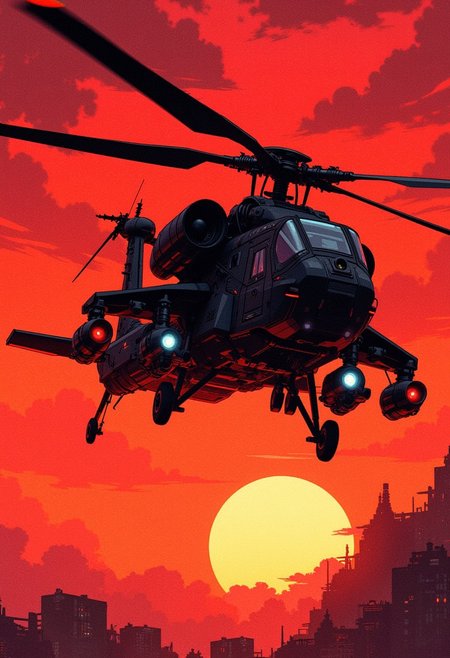 Inkpunk Anime, digital painting in the style of ck-js, a black futuristic stealth helicopter, armed with rocket launchers and machine guns, hovering, silhouetted at sunset, red and black theme