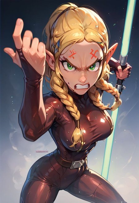 core_9, score_8_up, score_7_up, 
1girl, Zelda, solo, (angry, look at viewer:1.4),
large breasts, 
(Star wars:1.21) latex outfit, sweaty latex, tight bodysuit,
flirty expression, fighting pose, light saber in hands