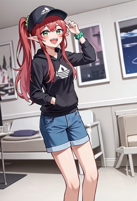 score_9, score_8_up, score_7_up, perfect eyes, partially illuminated, animification, animestyle, Anime_source, (4k), depth of field, (Masterpiece), Sono Bisque Doll wa Koi wo Suru - Marin Kitagawa, extremely detailed, tall, long legs, medium breast, bokeh, high resolution, sharp detail, dark red hairs, redhair, dark red hair, 1girl, fangs, green eyes, hair ornament, hair scrunchie, light blush, long hair, open mouth, smiling, pointy ears, side ponytail, scrunchie, happy, good hands, shorts, jeans shorts, black hoodie, baseball hat, blue Adidas Adilette sandals, beautiful feet, perfect feet, perfect toes, beautiful toes, UFOCatcher, crane game, arcade, scenery, indoors, still life, chibi character doll, cowboy shot, dutch angle, looking at viewer, full body, feet,<lora:minami-nanami-s1-ponyxl-lora-nochekaiser:0.6>, <lora:PerfectEyesXL:1.0>