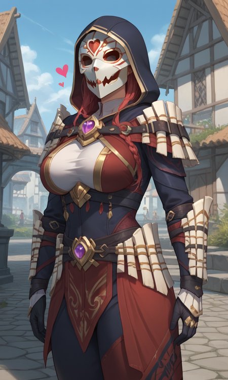 anime style, anime studio, vibrant, (score_9, score_8_up,score_7_up), masterpiece, best quality, ultra quality, eyes, 1girl, (big breasts:1.2), <lora:glavakolhoza_shadowscalearmour:0.7>, glavakolhoza_shadowscalearmour, standing, relaxed pose, medival city background, hood, helmet, mask, close up, fantasy armour, from behind, looking at viewer, wide hips, ass focus, (hearts emotes:1.2)
