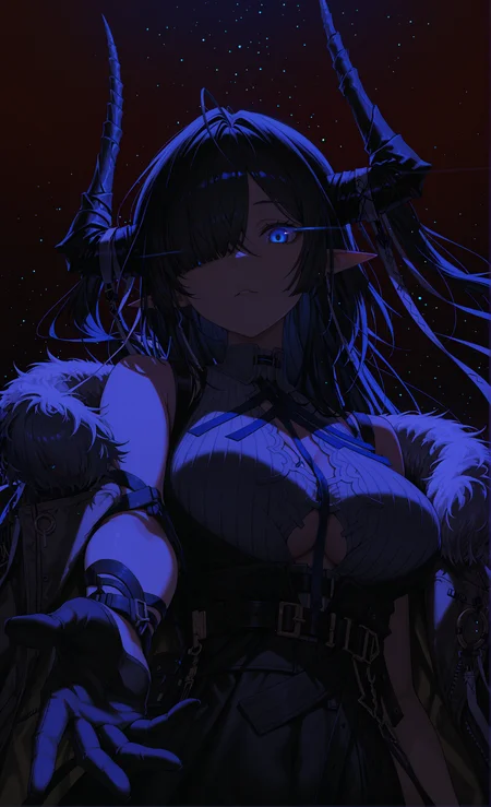 masterpiece, sharp detail, intricate detail, 1girl,  solo, <lora:qalaisa_arknights_for_IL:0.8> qalaisa_\(arknights\), blue eyes, black hair, hair over one eye, pointy ears, horns, colored inner hair, two-tone hair, black half gloves, sleeveless shirt , high-waist skirt, cleavage cutout, underboob cutout , bare shoulders, fur trim,  jacket, belt, upper body,  from below, glowing eye, looking at viewer, looking down, outstretched arm to viewer, red to grey background, gradient background, space backround,<lora:Aura_illu:0.2> 4ur4_illu, <lora:darkness_xl_v20:0.7> dark, night, chiaroscuro, volumetric lighting, dappled light, light particles, dramatic shadows, cinematic lighting, detailed background, light and shadow contrast, natural light, centered composition, detailed foliage, light and shadow interplay,