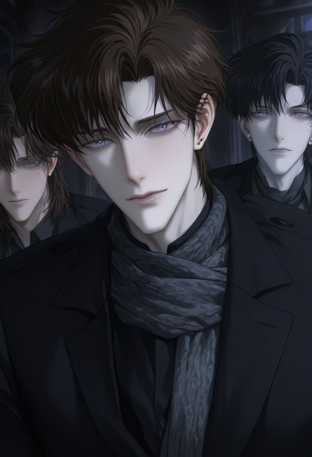 Realistic facial features, detailed features, well-defined features, semi-realistic style, painted style, detailed style, solo, anime style, minimalism, (beautiful face), adult male style, short hair, mature ikemen, [pointy chin], (beautiful eyes), Caucasian, sharp chin and jawline, realistic facial features, realistic features, defined features, [[mamoru_chiba]], handsome anime guy, piercing blue eyes, bangs, detailed hair, ikemenboys, semi-realistic, [2D], attractive features, [masculine], dark colours, dark lighting, sitting, sitting down, dark hair color, silvery strands of hair, brown hair, 
detail hair, detail eyes, medium hair, [[weak man]], [frail], narrow features, [[DILF]], overdressed, [scarf], [subtle stubble], attractive, [popular guy], (oval face), long face, [blue eyes], detailed inner cheeks, sunken in cheeks, guy with strong cheekbones, [frail guy], [dreamy], [princely], detail face, detail background, beautiful blue eyes, skinny guy, medium hair, thin, small mouth, thin lips, handsome ikemen, perfect eyes, light blue eyes, dark brown hair, white guy, pale skin, [gaunt appearance], perfect face, handsome face, streaks of grey hairs, darker hair, manly face,