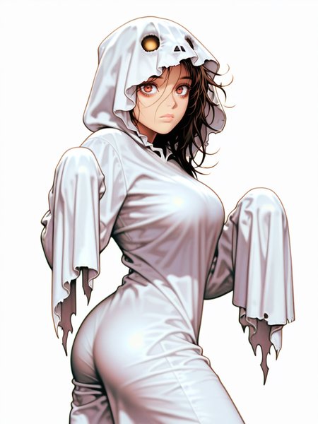 ShinkiroXL,, white background,, 
1girl, ghost costume, messy hair, large breasts, expressionless, hands up, baggy eyes, ass,
white background, looking at viewer, dynamic pose, cowboy shot,
<lora:AShinkiro_Style:1.2>