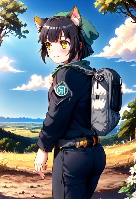 (score_9, score_8_up, score_7_up, highest score, best quality:1.2), zPDXL3, NEGATIVE_HANDS, detail1eye, handfixer, hi-res, 16k, source_anime BREAK 1girl, dorm mistress, short hair, black hair, animal ears, yellow eyes, cat ears, walking, blush, smile BREAK green beanie, AEM01 Tactical Jacket, black jacket, black cargo pants, camo backpack BREAKClearingontopMB, outdoors, tree, flower, scenery, cloud (outdoors:1.3), cowboy shot, side view, sharp colors, perfect anatomy, (detailed realistic background:1.3), (high quality:1.1), (ultra detailed:1.4), <lora:pony_good_hands:0.7>, <lora:add-detail-xl:1>, <lora:xl_more_art-full_v1:0.5>