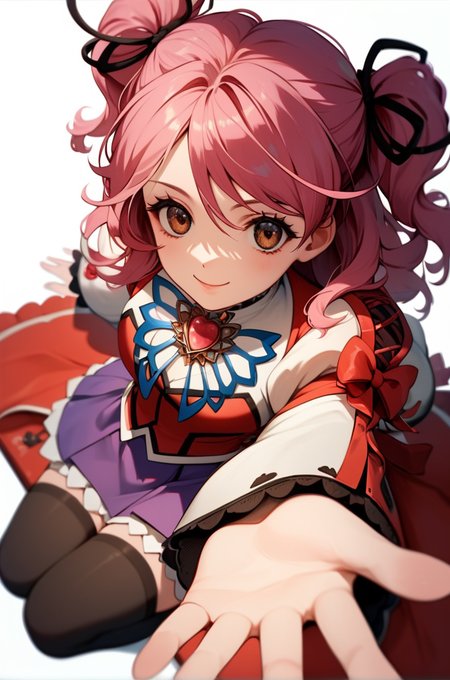 score_9, score_8_up, score_7_up, very aesthetic, source_anime, detailed, high quality, beautiful, masterpiece, detailed eyes,
<lora:lightXL:0.8>
white background, blurry background,
 close up, pov, from above,  light smile,
sitting, hands reaching out, 
<lora:cheria_autismConfetti_v03:0.95>
cheria barnes, pink hair, brown eyes, twintails, two side up, medium hair,
thighhighs, brooch, long sleeves, puffy sleeves, purple skirt, jewelry, black thighhighs, white footwear, (wide sleeves:0.7), pleated skirt, laces,, zPDXL