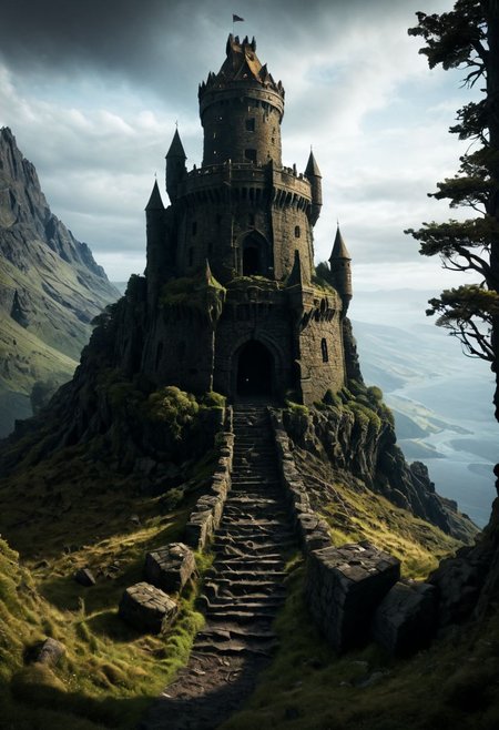 <lora:TheWeirdies_epoch_10:0.78>, epiCPhotoGasm-colorfulPhoto  , advntr ,
score_9, score_8_up, score_7_up, score_6_up
Durlag's Tower was a large tower that was said to be haunted by a powerful entity, as well as one that housed immeasurable treasure. ((game of thrones aesthetic, cinema still from dynamic scene)), (((massive hairy chode))), son of Bolhur the Clanless,  Many adventurers sought his treasure over the decades, with varying degrees of success. Around 1372 DR, rumors said a fiend had taken up residence within the remains of the tower and used the defenses created by Durlag to keep both itself and the treasure safe. Some claimed that this creature was a lich.
no humans
((massively large towering fortress, dark woods surround, built of volcanic stone, mountain, dark, ballistas on the battlements))