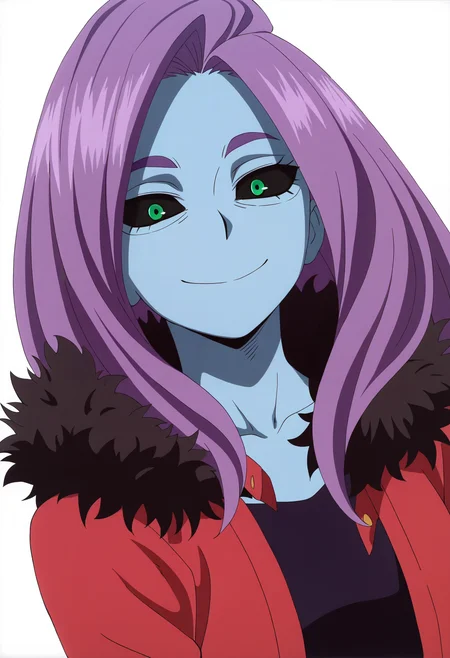 masterpiece, best quality, very aesthetic, absurdres,
1girl, chitosekizuki, colored sclera, green eyes, purple hair, long hair,
colored skin, blue skin,
red jacket, fur trim, black dress, open jacket,
upper body, smile, looking at viewer, solo, (simple background, white background:1.3)    <lora:ChitoseKizukiIllustriousXL_byKonan:1>